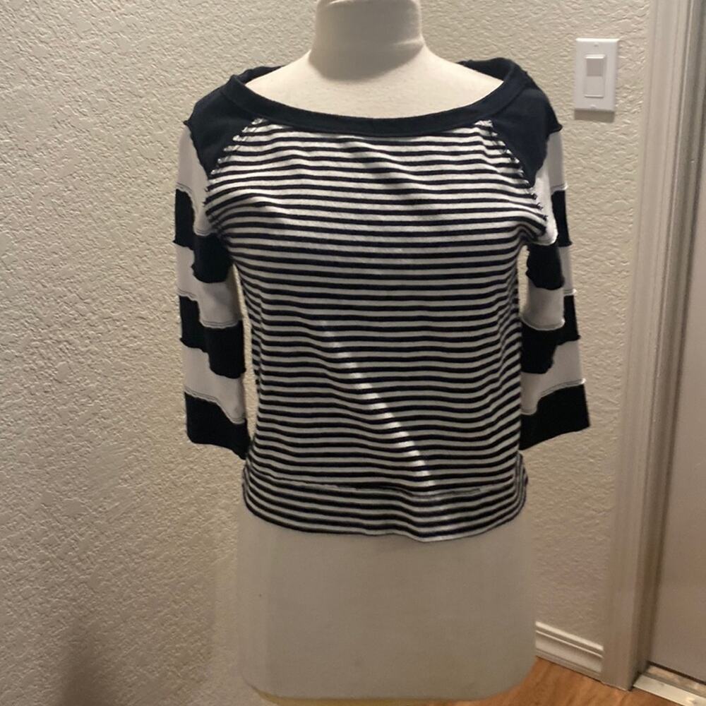 We The Free Black/Ivory Striped Lightweight Sweater EUC Sz M Cotton 3/4 Sleeve